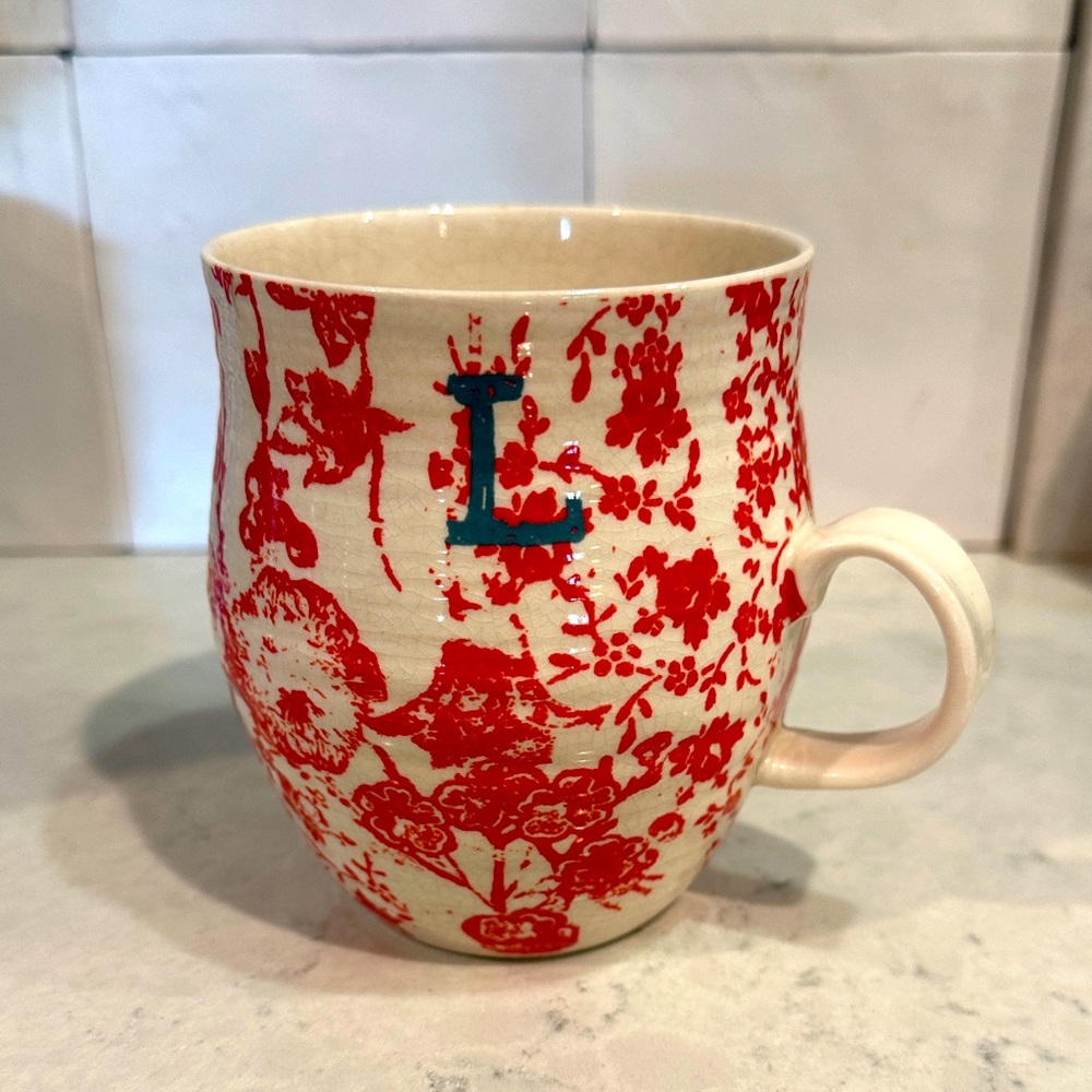 Anthropologie Red Floral Mug with “L” Initial